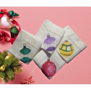 Holiday Christmas Linen Napkins Set of 4 Painted Ornament 4 Designs Large SET B*